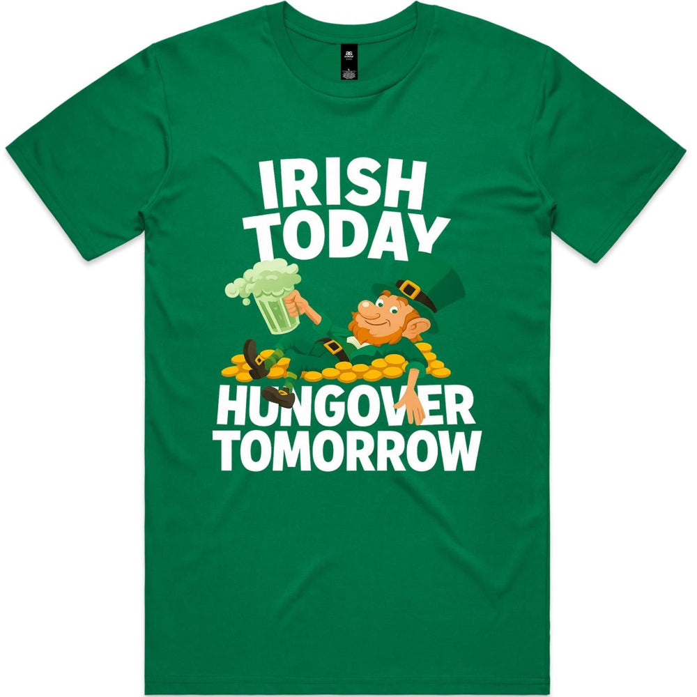 Irish Today Hungover Tomorrow men's short sleeve T-shirt by Ogo Merch, featuring bold printed design on white fabric.