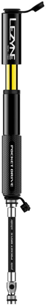 Lezyne Pocket Drive mini pump in black, compact bicycle pump with flexible hose for on-the-go air inflation accessories