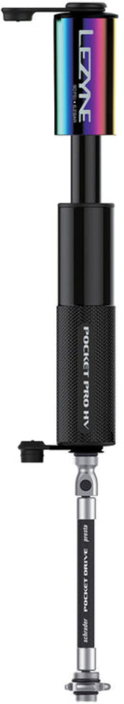 Lezyne Pocket Drive Pro HV mini bike pump in metallic finish, compact cycling accessory with gauge for tire inflation.