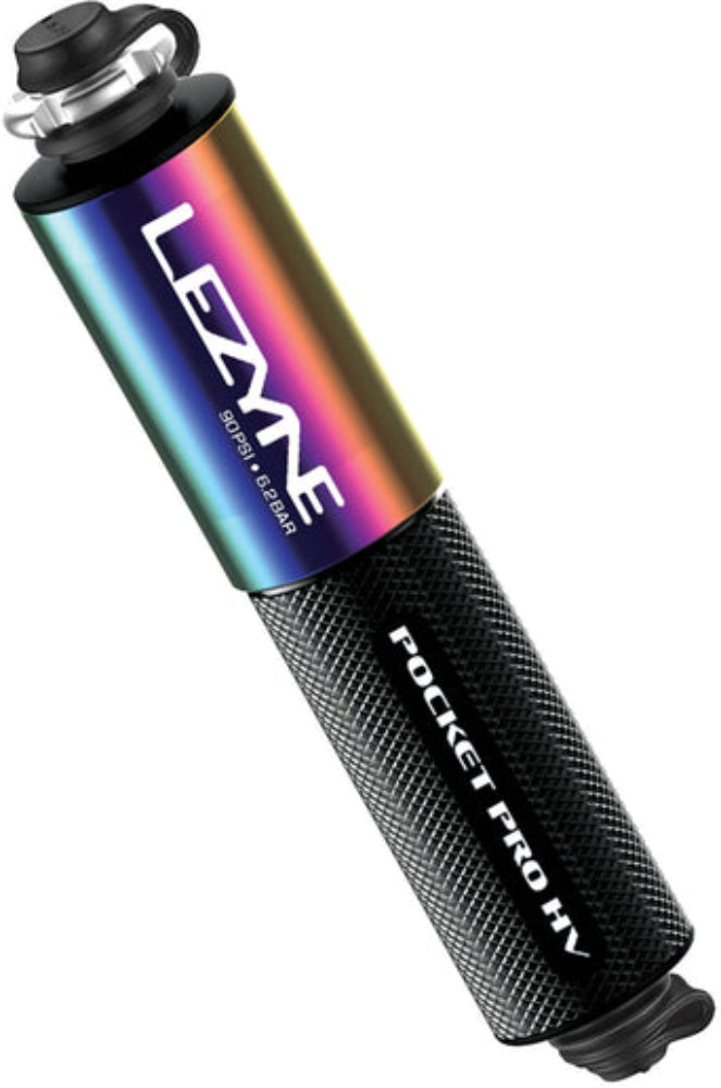 Lezyne Pocket Drive Pro HV mini pump in metallic finish, compact bicycle pump with digital gauge and ergonomic handle.