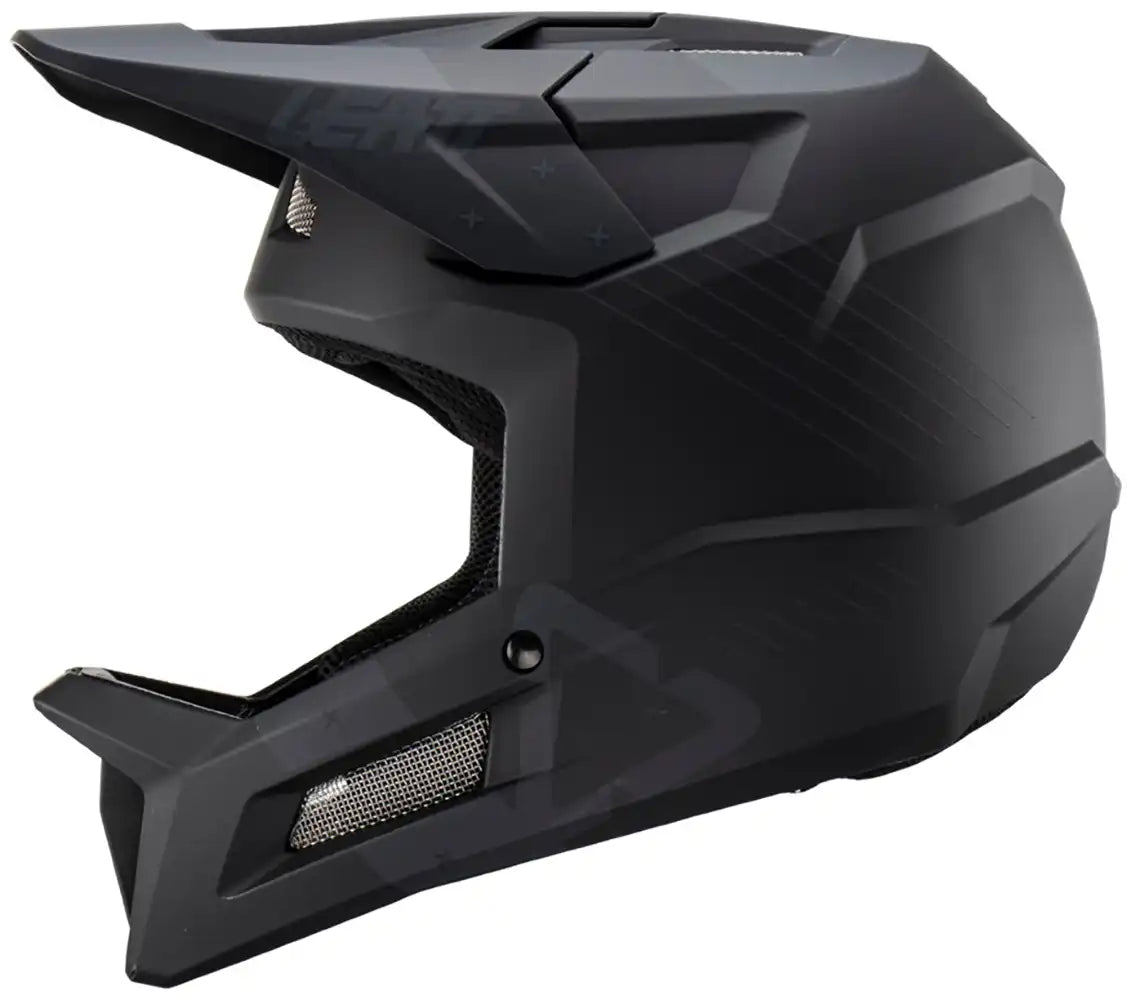 Leatt Gravity 2.0 full face helmet with visor, black color, designed for mountain biking and downhill riding.