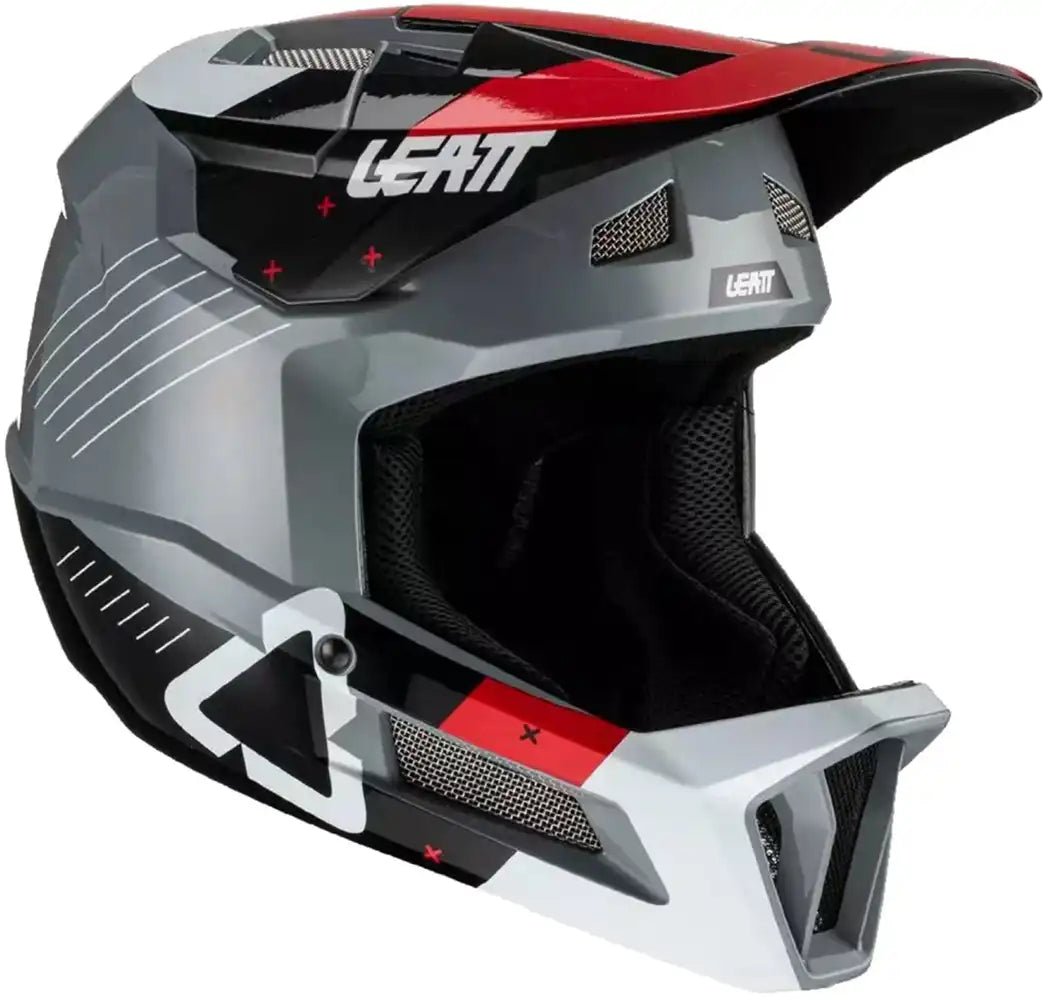 Leatt Gravity 2.0 full face helmet with adjustable straps and ventilation for mountain biking and downhill riding.