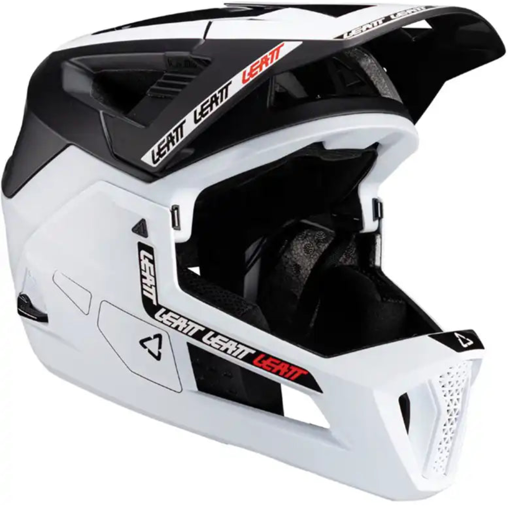 Leatt Enduro 4.0 full face helmet with vents and adjustable strap, designed for mountain biking and enduro riding.