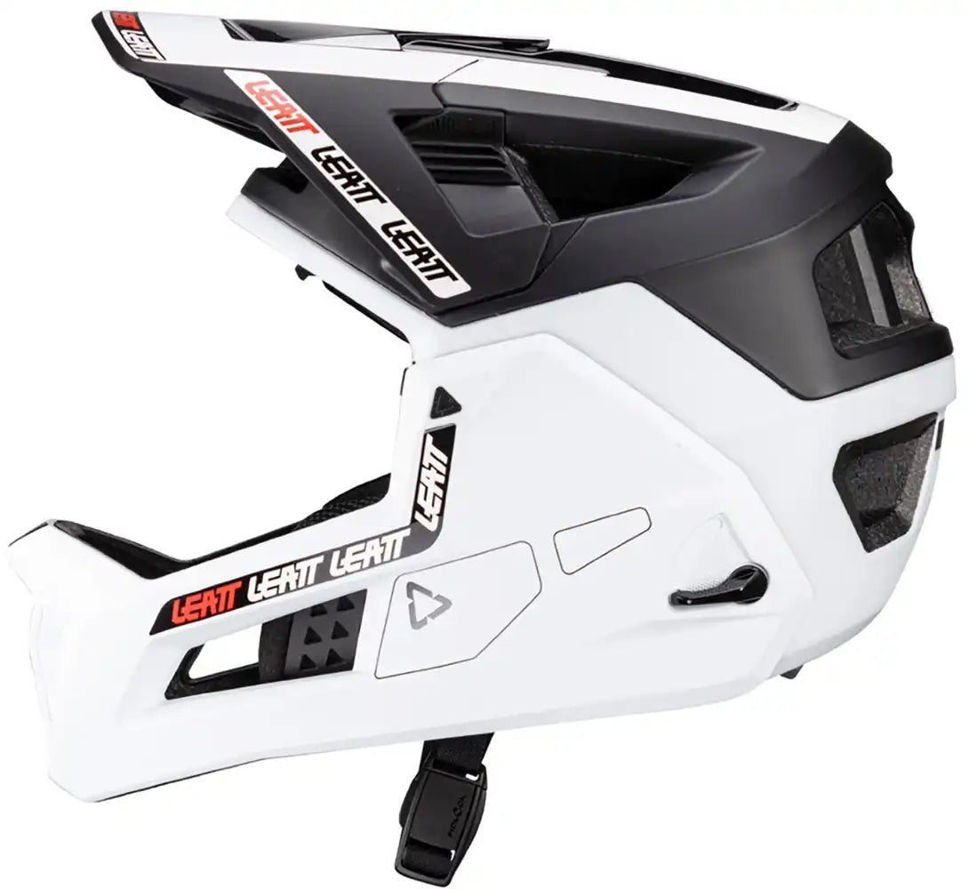 Leatt Enduro 4.0 full face helmet with adjustable visor, ventilation vents, and durable construction for mountain biking protection.