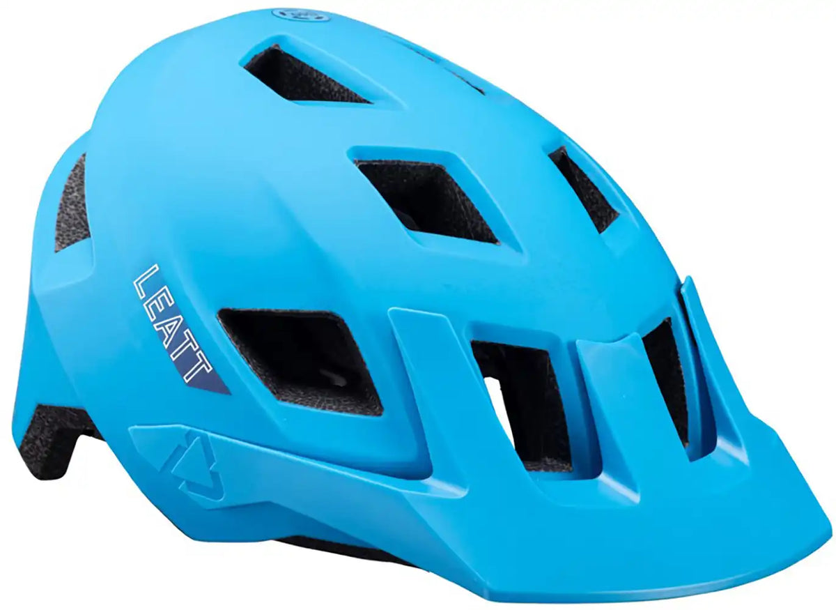 Leatt All Mountain 1.0 MTB helmet showing a durable, aerodynamic design with adjustable straps and ventilation for mountain biking.