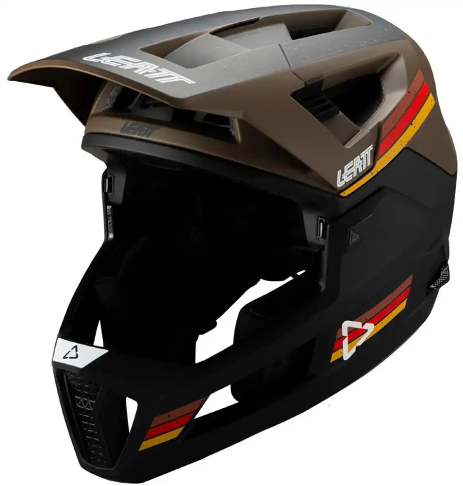 Leatt Enduro 4.0 full face helmet with visor and ventilation for mountain biking and motocross protection.