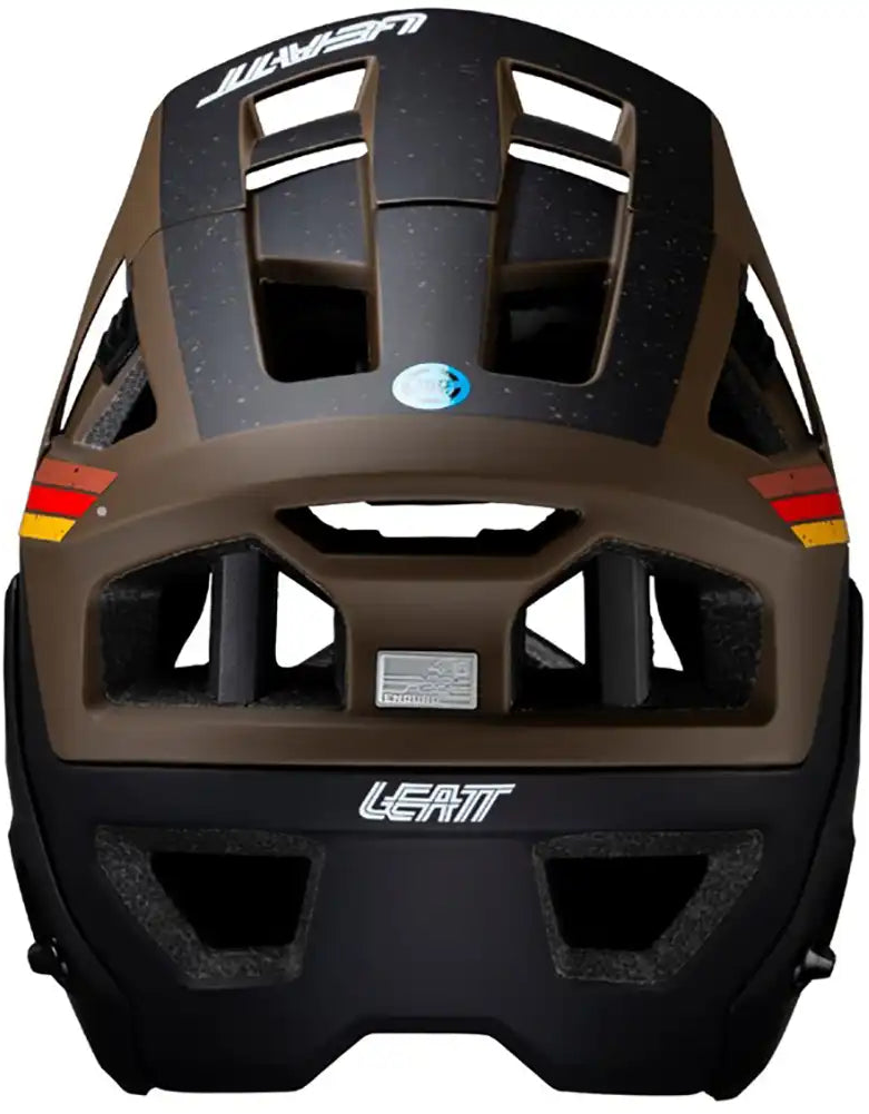 Leatt Enduro 4.0 full face helmet with black and red design, durable safety features, and adjustable straps for mountain biking.