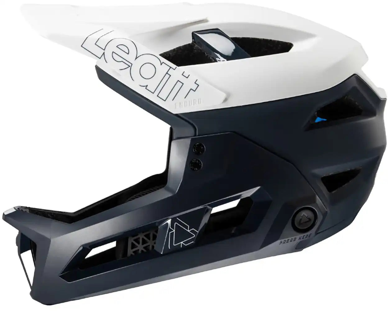 Leatt Enduro 3.0 full face helmet with adjustable visor and ventilation vents, designed for mountain biking and downhill riding.