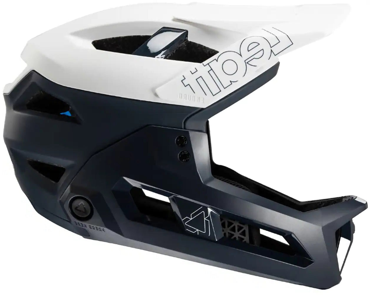 Leatt Enduro 3.0 full face helmet with adjustable visor, ventilation vents, and chin guard for mountain biking safety.
