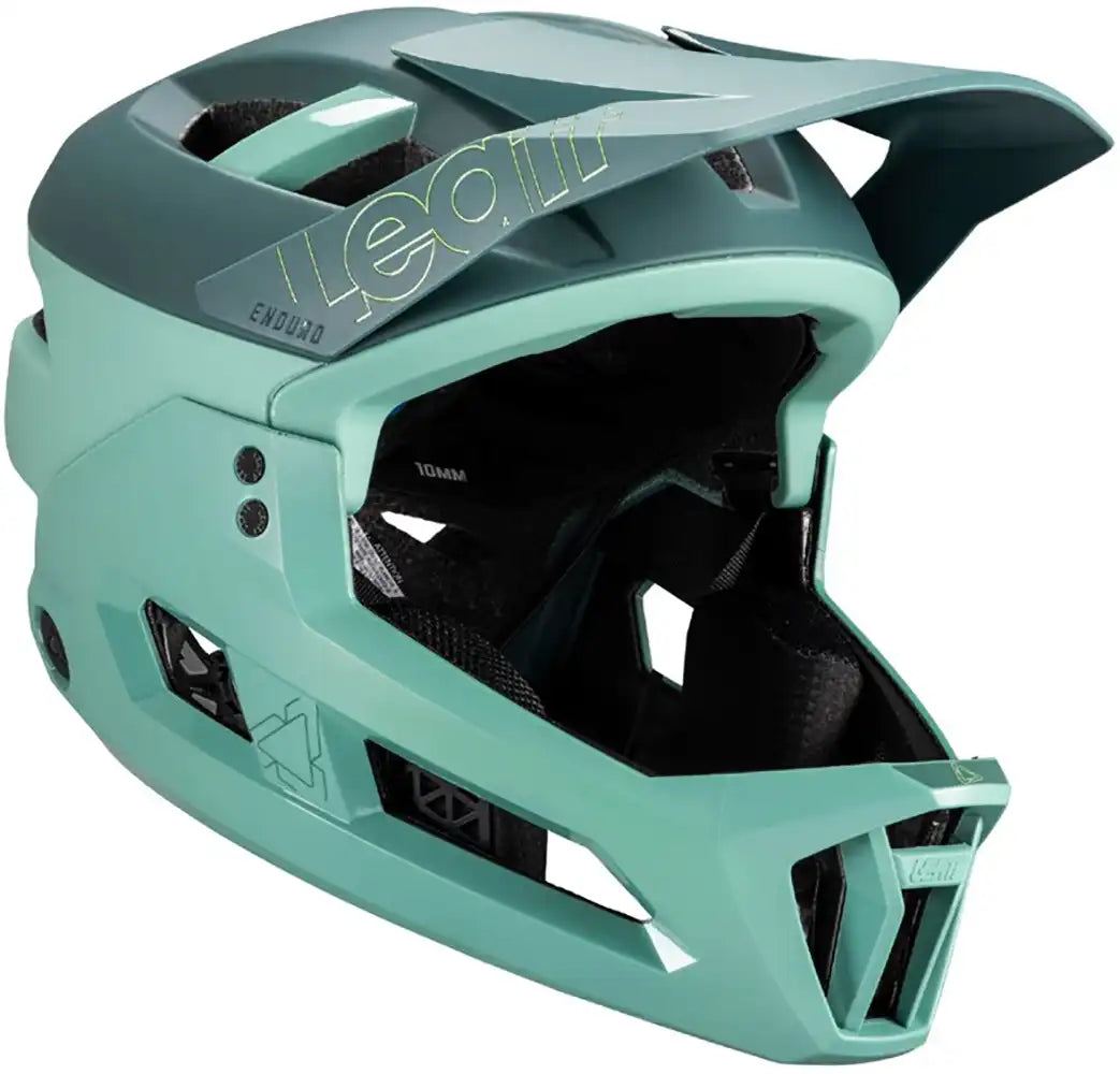 Leatt Enduro 3.0 full face helmet shown with aerodynamic design and ventilation vents for mountain biking safety.