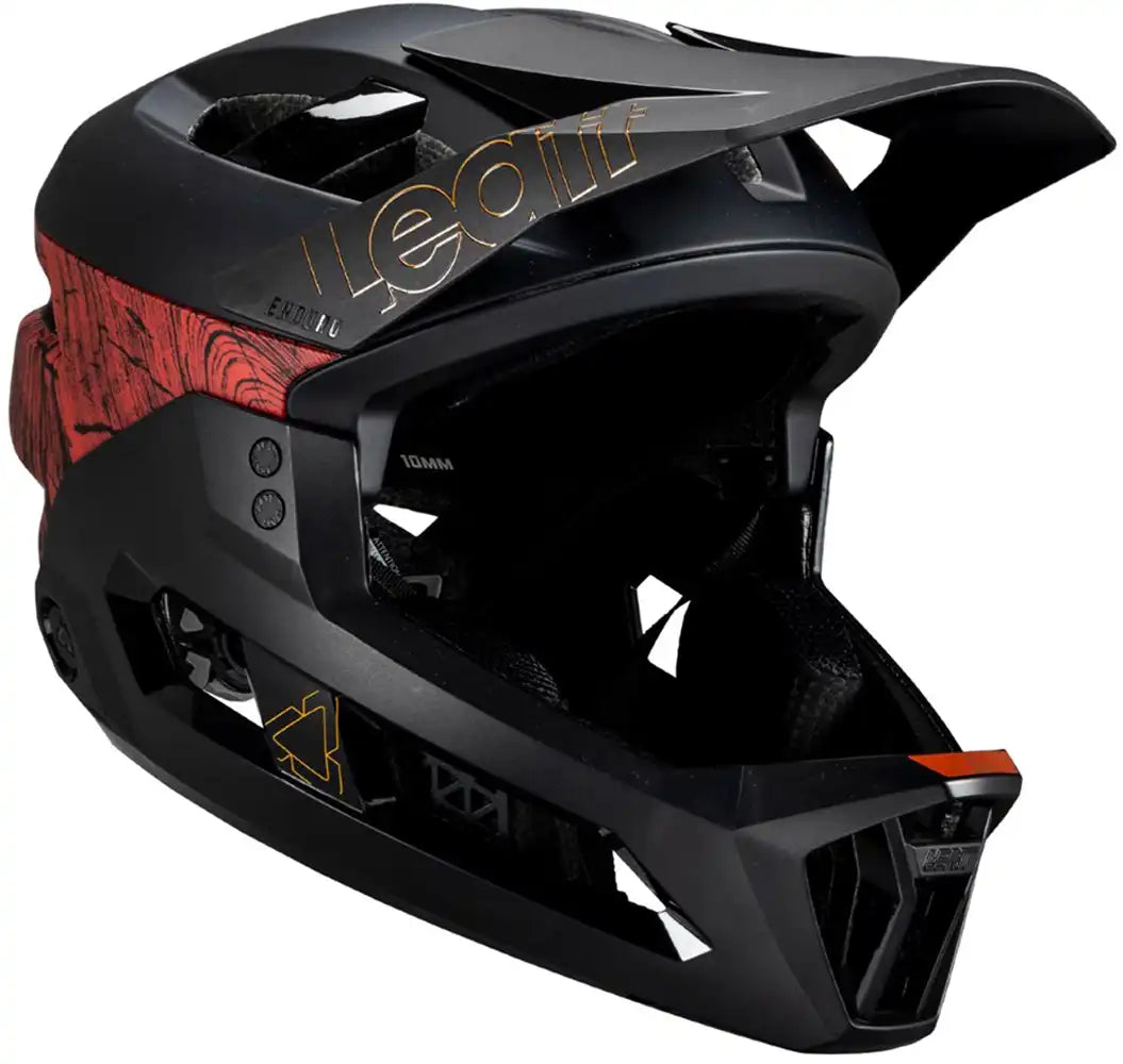 Leatt Enduro 3.0 full face helmet with adjustable chin guard and ventilation for mountain biking and motocross safety.