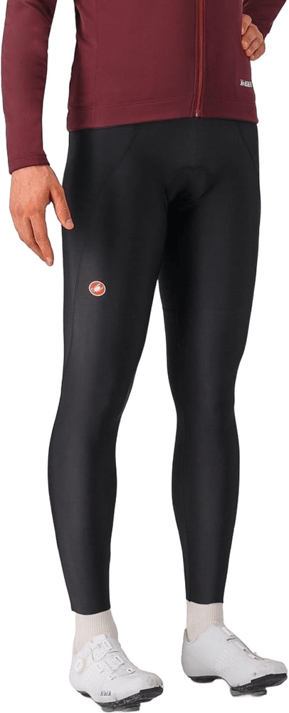 Castelli Espresso men's bib tights featuring padded cycling bibs and sleek black fabric for cold-weather riding comfort.