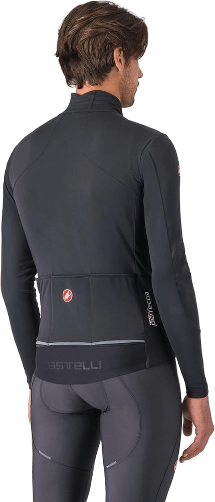 Castelli Perfetto Air men's cycling jacket displayed on a hanger, lightweight aerodynamic design, breathable fabric, in black with brand logo.