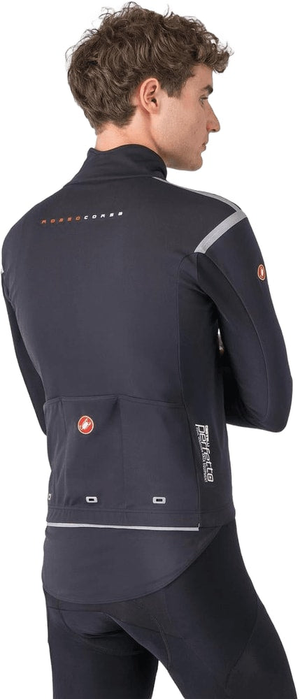 Castelli Perfetto RoS 3 men's cycling jacket in black, featuring high collar and full front zipper for weather protection.