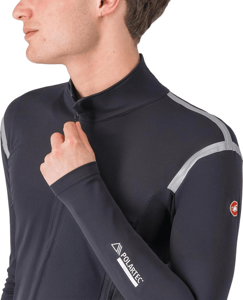 Castelli Perfetto RoS 3 men's cycling jacket in black, showing front view with full zipper and reflective details