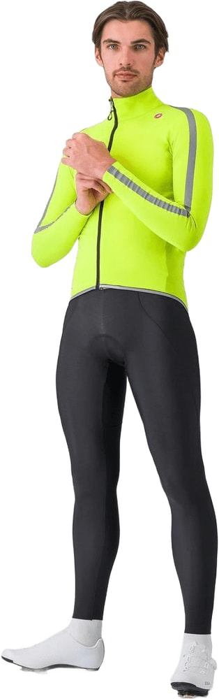 Castelli Ultra Men's Rain Cape in bright yellow waterproof clothing with a hood and reflective details for outdoor protection.