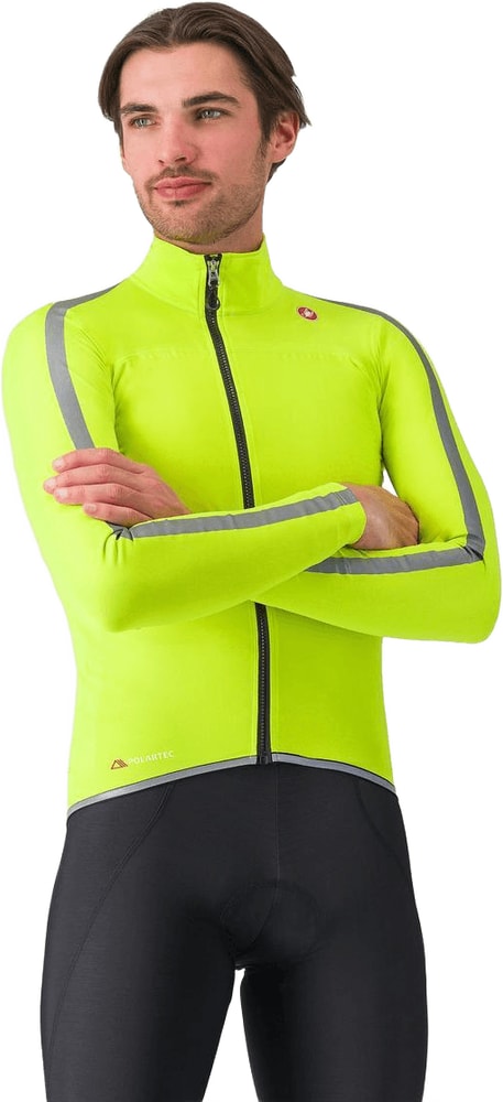 Castelli Ultra men's rain cape hanging outdoors, lightweight waterproof clothing for cycling or outdoor activities.