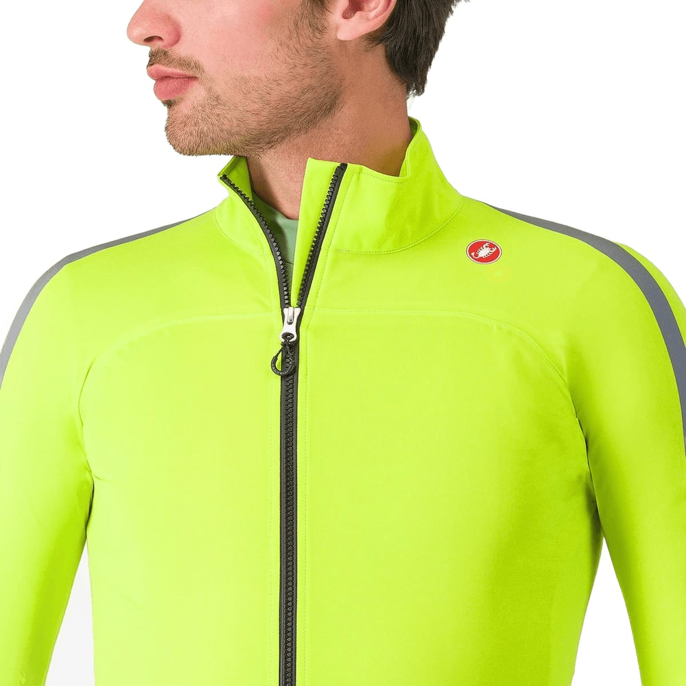 Castelli Ultra Men's Rain Cape draped over a model, showcasing waterproof clothing designed for rain protection.