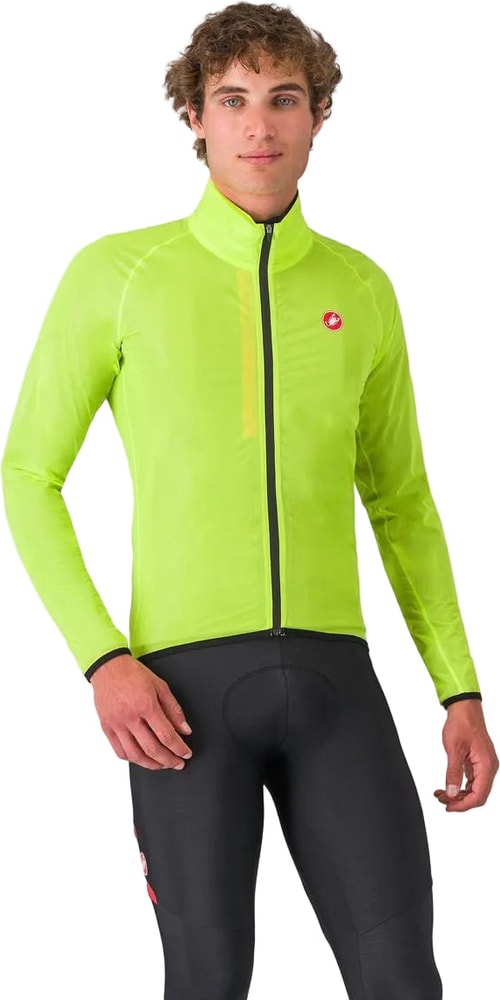 Men's Castelli Squall Shell jacket in black, lightweight waterproof cycling outerwear with a hood and reflective details.