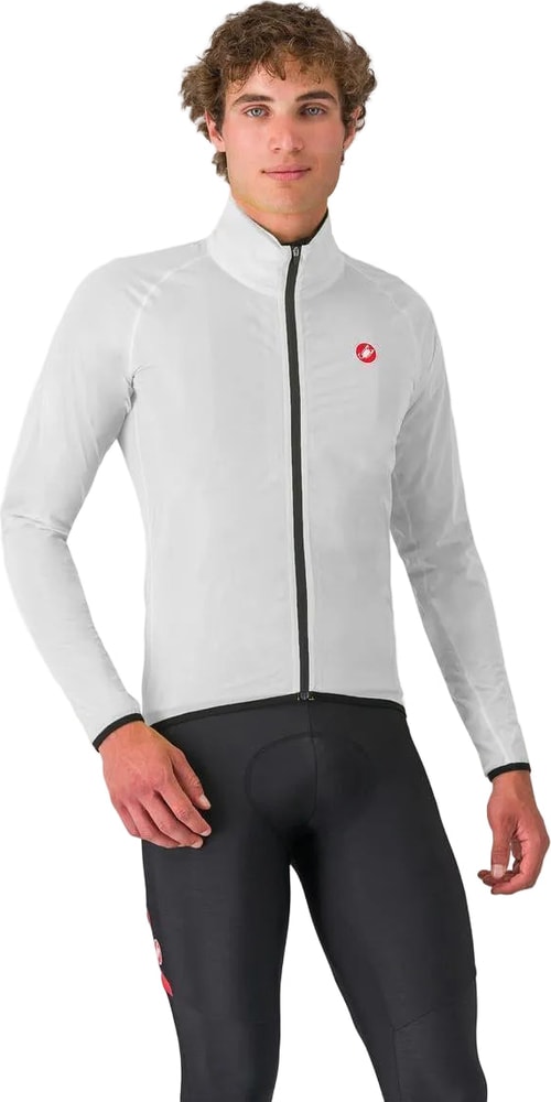 Men's Castelli Squall Shell jacket in black, lightweight waterproof cycling jacket with logo detail and adjustable hood.