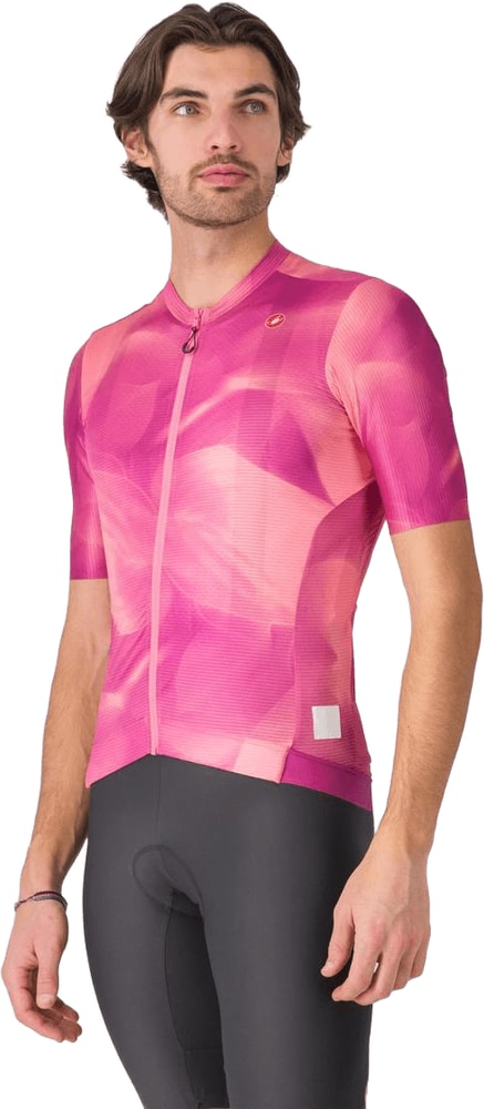Castelli Giro Espresso men's short-sleeve cycling jersey with breathable fabric and detailed logo, displayed on a hanger.