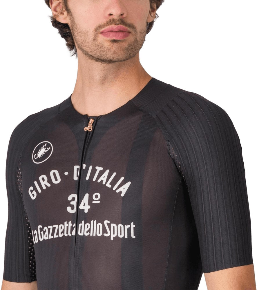 Castelli Giro Vintage black men's cycling jersey with short sleeves and vintage design, size 34, lightweight and breathable fabric.