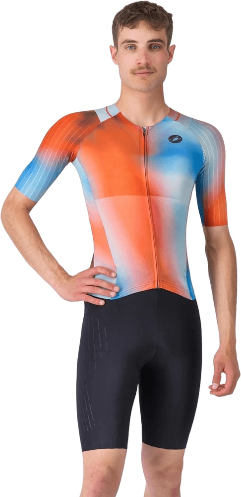 Castelli Free Sanremo 3 SS men's speed suit displayed on a hanger, showcasing its sleek design and lightweight cycling clothing features.