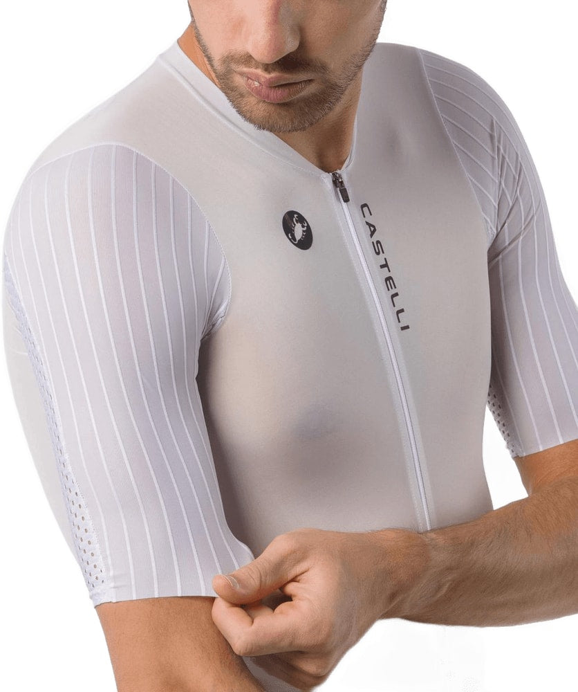Castelli PR 3 men's speed suit, form-fitting cycling clothing with aerodynamic design and vibrant red and black color scheme.