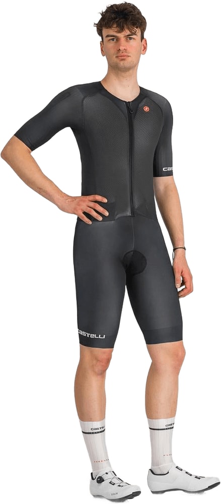 Castelli Sanremo BTW men's speed suit, close-up of sleek cycling clothing with logo and aerodynamic design details.