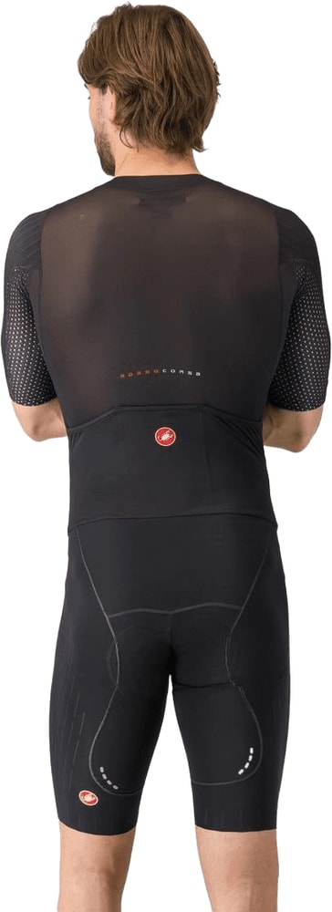 Castelli Sanremo S men's speed suit for cycling, showing the sleek aerodynamic design and vibrant red and black color scheme.
