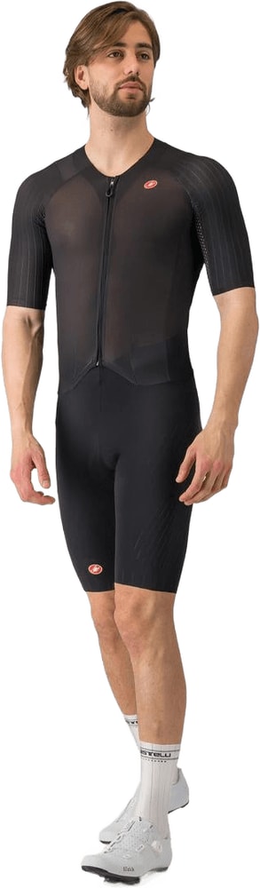 Castelli Sanremo S men's speed suit, close-up of sleek, form-fitting cycling clothing with logo and detailed fabric texture.
