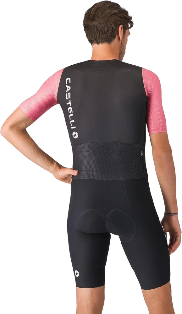 Castelli Saturday Morning men's skinsuit, form-fitting cycling clothing with aerodynamic design and vibrant color accents.