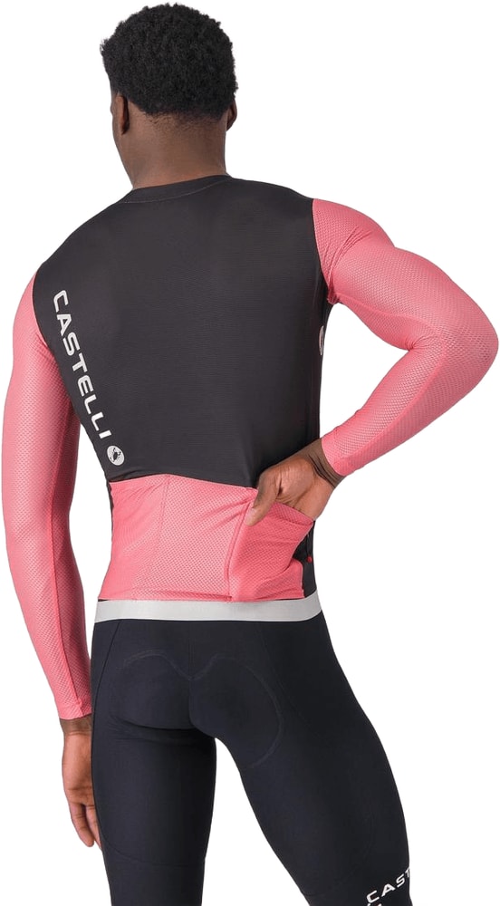 Castelli Corretto LS men's cycling jersey displayed on a hanger, featuring a sleek design and breathable fabric.