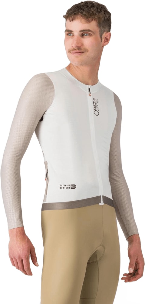 Castelli Corretto LS men's cycling jersey in black with logo, long-sleeve, breathable fabric, close-up view of front design.