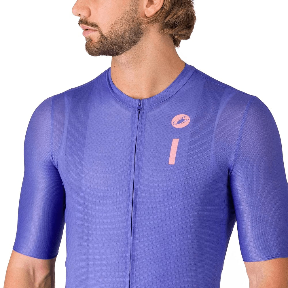 Castelli Drittone Logo short-sleeve men's cycling jersey with branding and fitted design, displayed on a hanger.