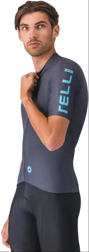 Castelli Entrata Apex SS men's cycling jersey in blue with logo and breathable fabric, designed for comfort and performance.