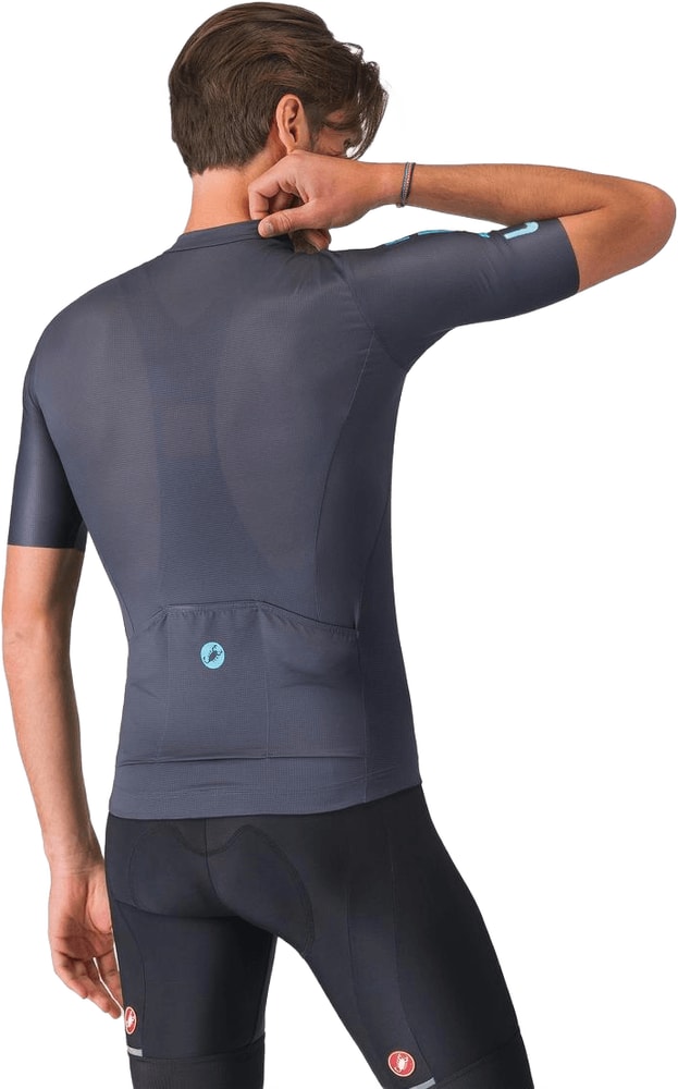 Castelli Entrata Apex SS men's cycling jersey in blue with logo, lightweight and breathable fabric, short sleeves, front zipper.