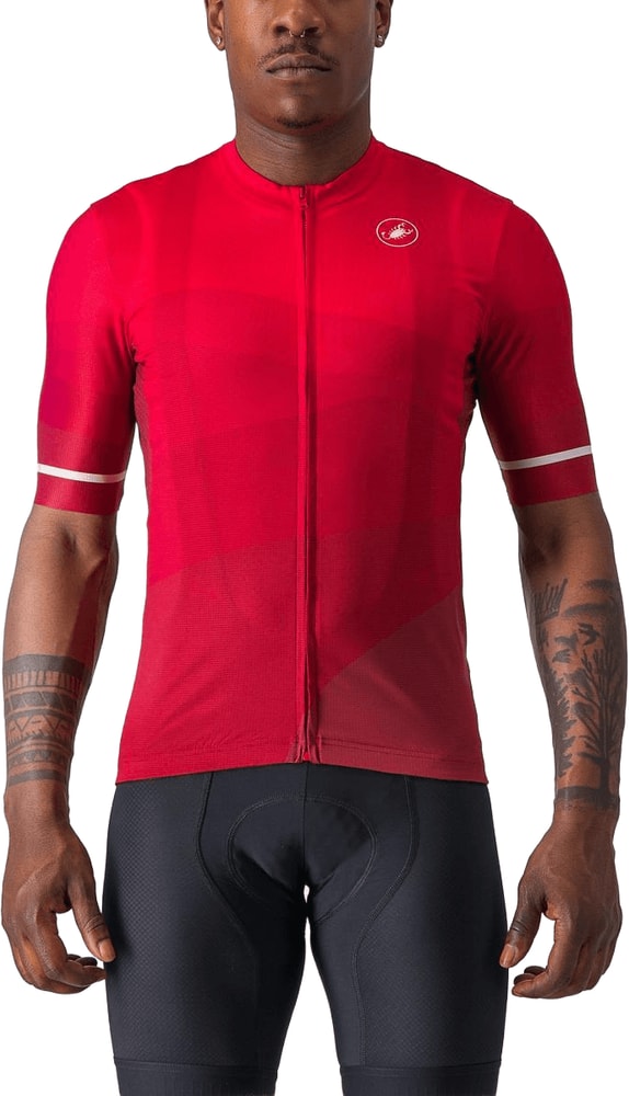 Castelli Orizzonte SS men's cycling jersey with short sleeves, lightweight fabric, and white and orange design.