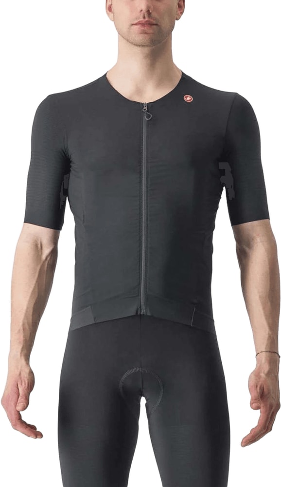 Castelli Premio Black men's short-sleeve cycling jersey displayed on a hanger, showcasing its sleek design and breathable fabric.