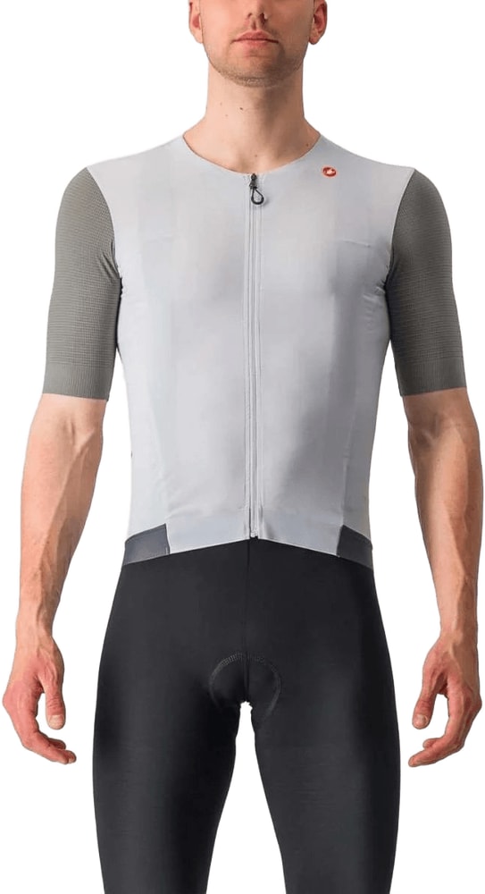 Castelli Premio Black men's short-sleeve cycling jersey displayed on a hanger with front view and zip closure.