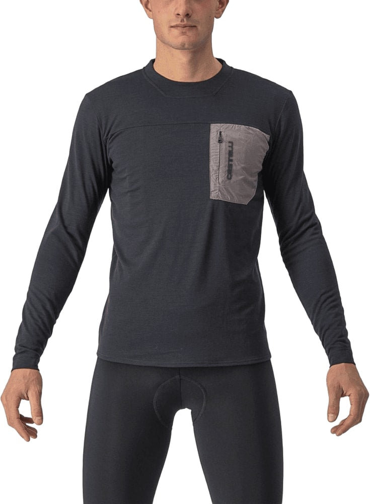 Castelli Unlimited Merino long-sleeve men's cycling jersey in black, made from merino wool, with a fitted design and full-length zipper.