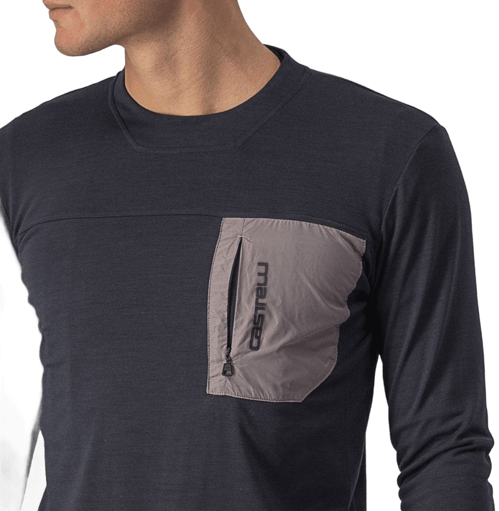 Castelli Unlimited Merino long-sleeve men's cycling jersey in black with subtle branding and a fitted design.