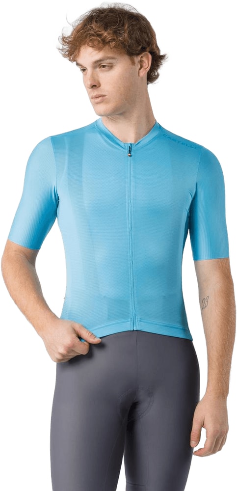 Castelli Espresso 2 SS men's cycling jersey in white with blue and red accents, featuring short sleeves and a full front zipper.