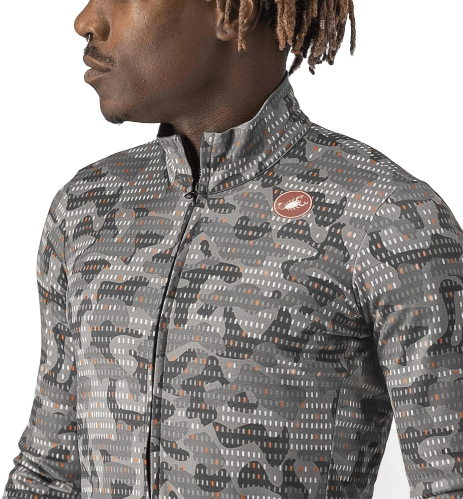 Castelli Unlimited Thermal long-sleeve men's cycling jersey laid flat, showcasing its black fabric and fitted design.