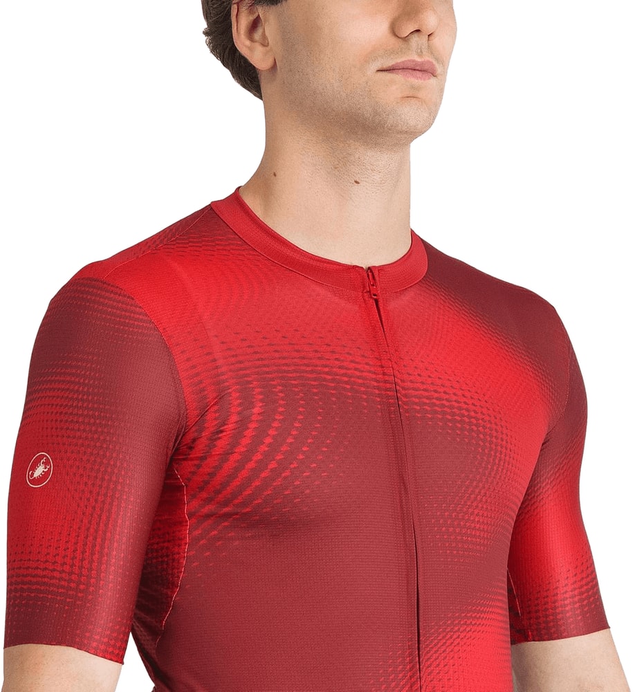 Castelli Vortice SS men's cycling jersey in white with red and black accents, breathable lightweight fabric, short sleeves.