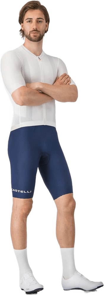 Castelli Espresso 2 men's bib knicks, cycling clothing with padded chamois, black and red design, close-up of the product details.