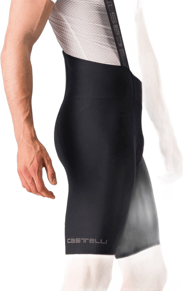 Castelli Espresso men's bib knickers showing black cycling bib shorts with padded chamois and adjustable straps on a plain background.