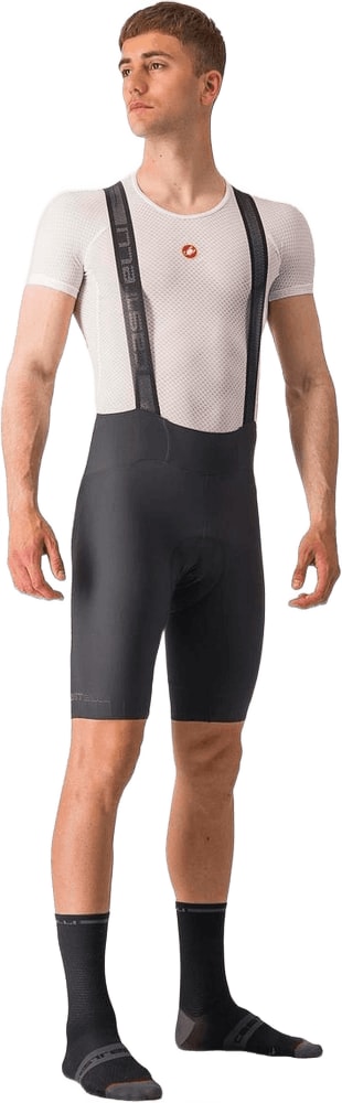 Castelli Espresso men's bib knicks, cycling clothing with padded chamois, black and white design, front view showing fit and straps.