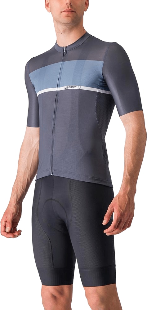 Castelli Tradizione SS men's cycling jersey in white with blue accents, featuring short sleeves and a front zipper.