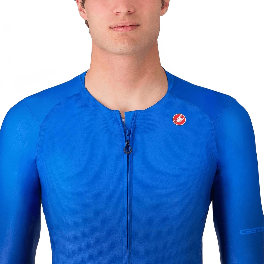 Long-sleeve men's cycling jersey by Castelli featuring UPF sun protection, lightweight fabric, and a fitted design.